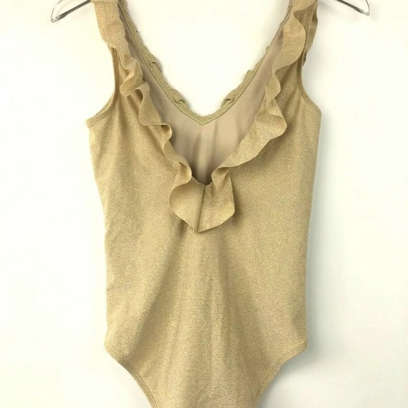 AERIE S 1pc Swimsuit Gold Shimmer V-neck Ruffle - Picture 2 of 8